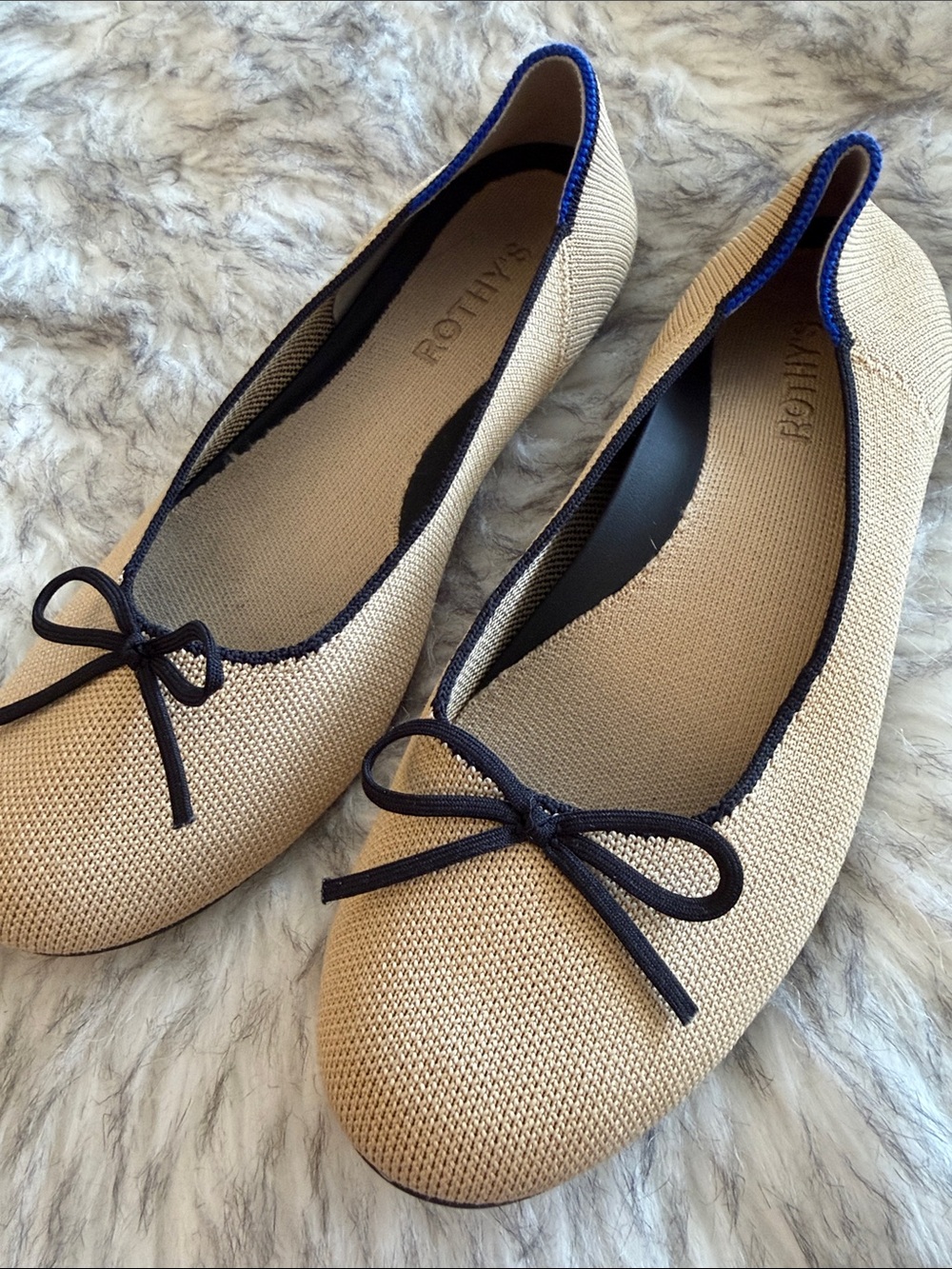 Rothy's Beige Knit Ballet Flats with Black Trim and Bow